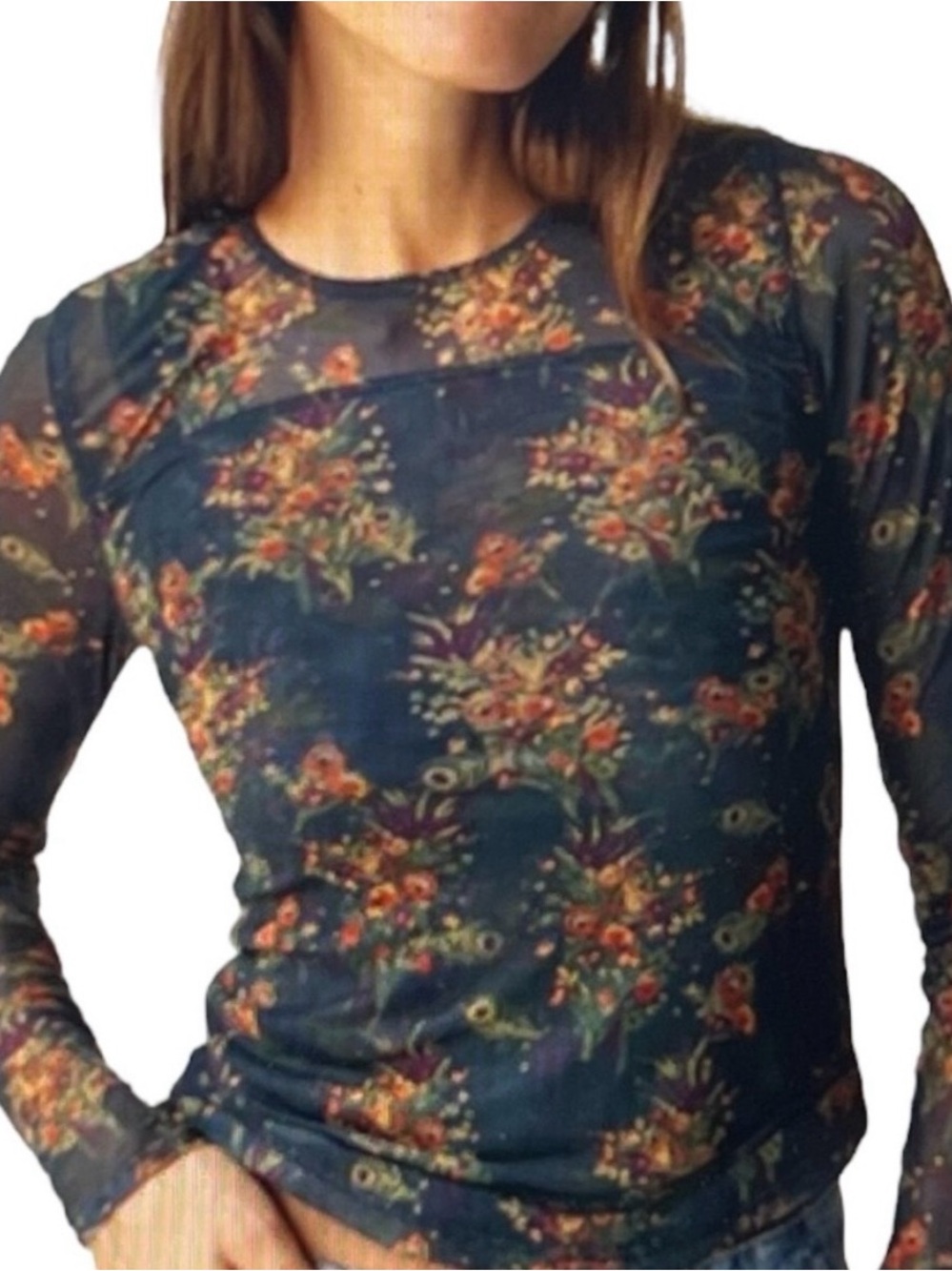 Natural Life Sloane Mesh Long Sleeve Top Navy Floral Women’s New Medium